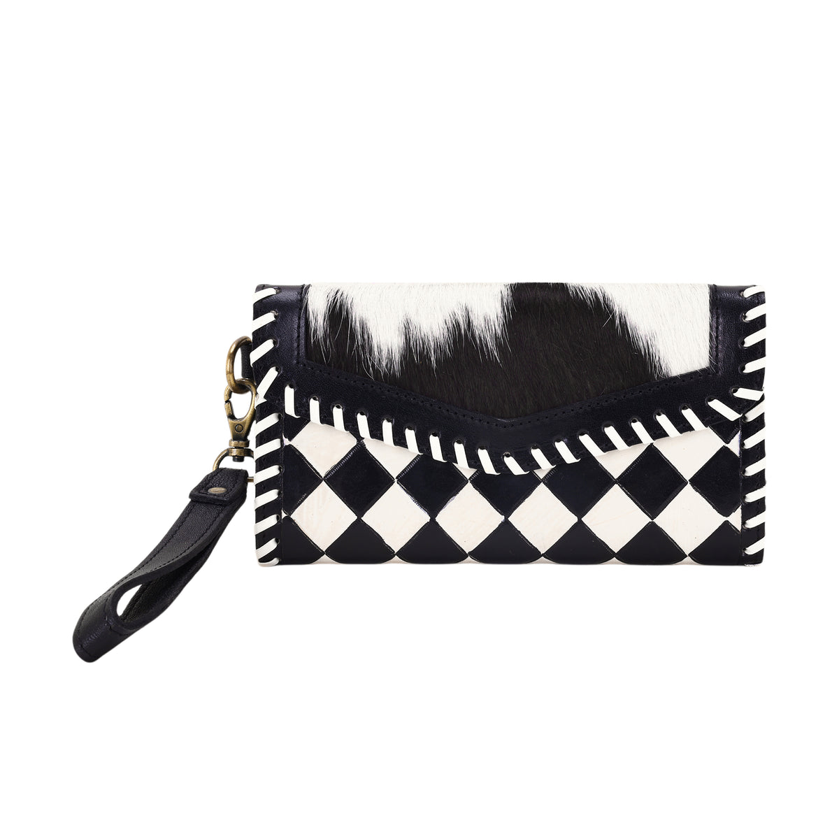 Queenside Wallet for Women in black and white with hair on and whipstitch