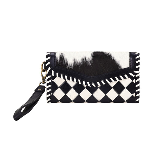 Queenside Wallet for Women in black and white with hair on and whipstitch