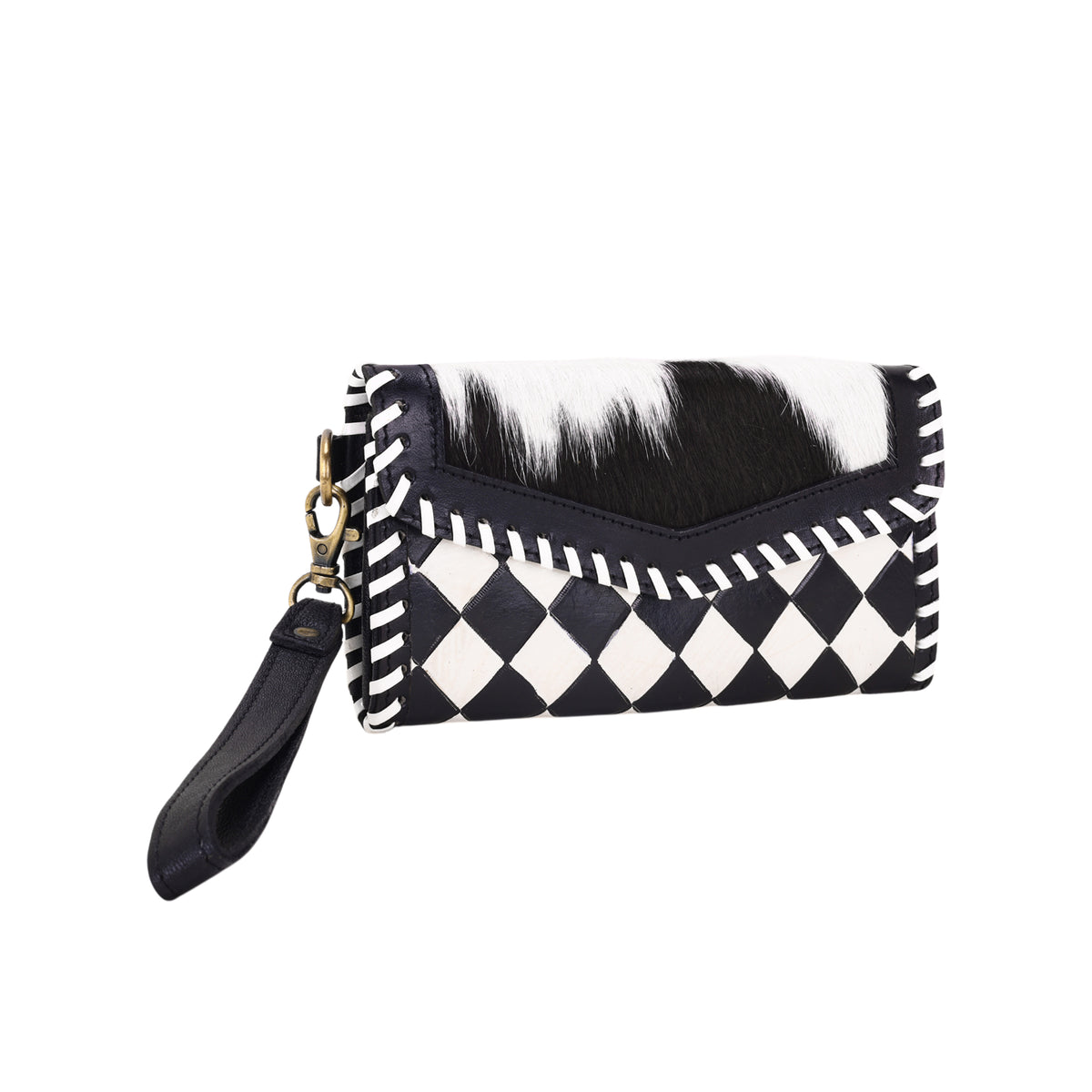 Queenside Wallet for Women in black and white with hair on and whipstitch