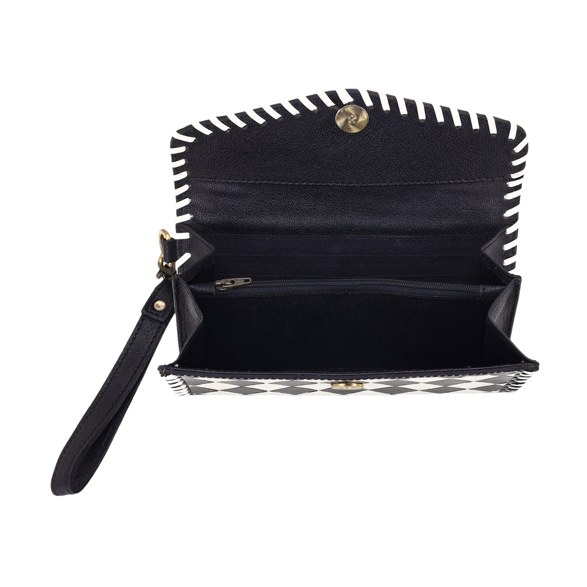 Queenside Wallet for Women in black and white with hair on and whipstitch