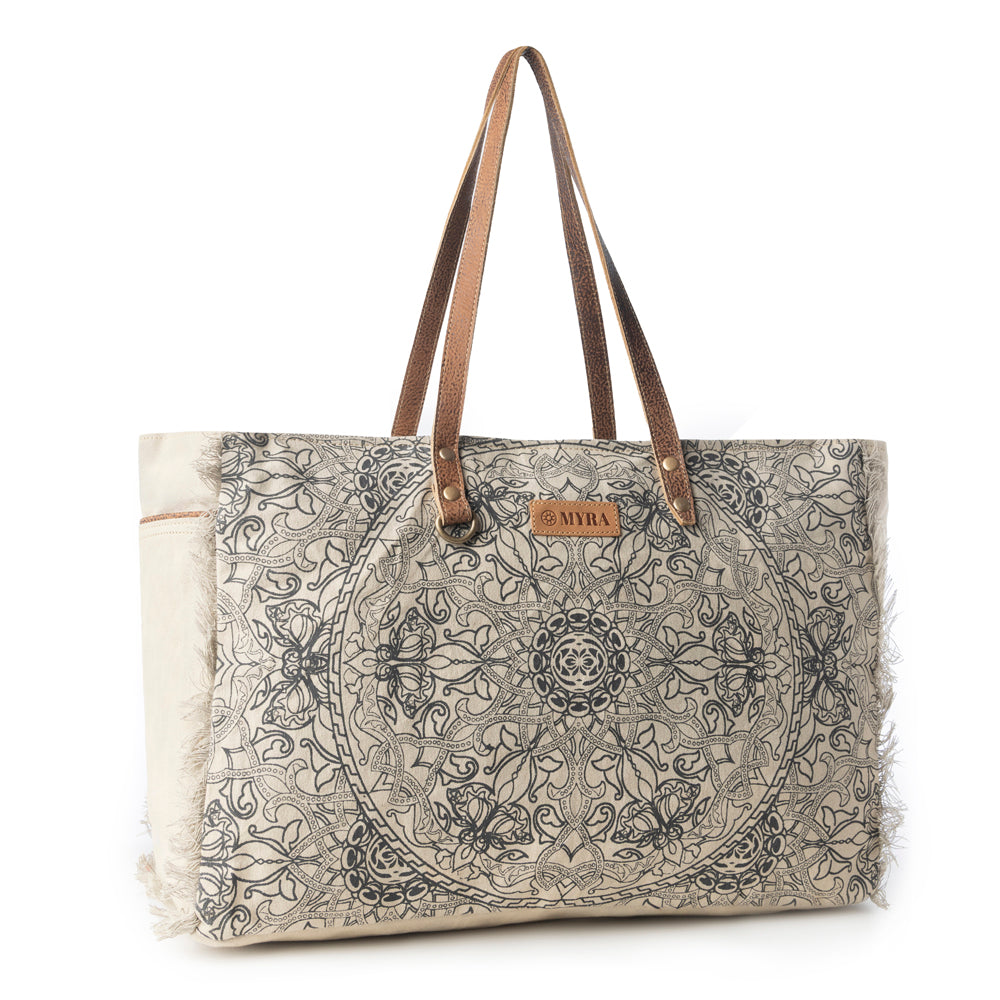 Wildmandala Weekender Bag for Women in ivory with vintage print detail