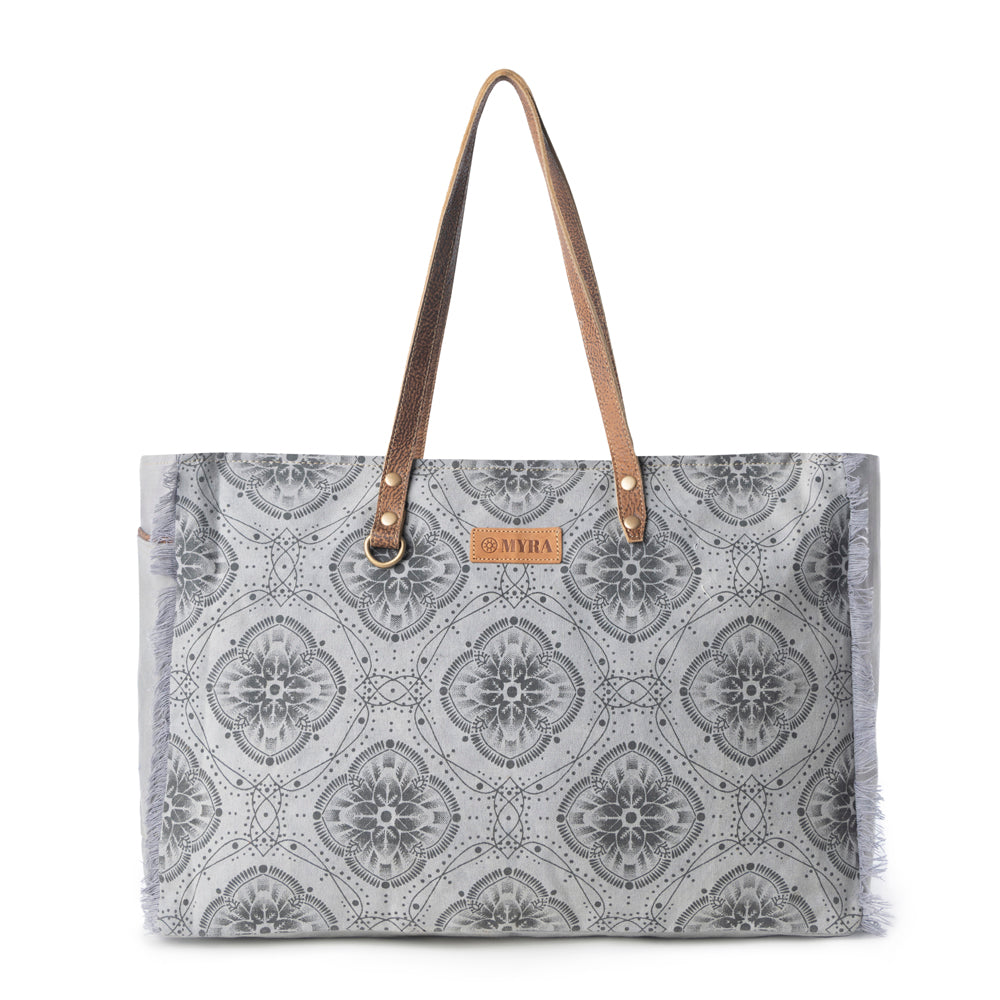Wild Compass Weekender Bag for Women in sage with vintage print detail
