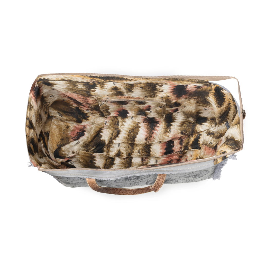 Wild Compass Weekender Bag for Women in sage with vintage print detail