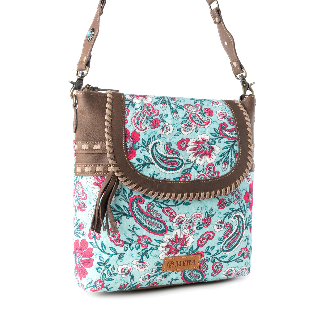 Lagoon Lily upcycled canvas Bag for Women in blue with leather and weaved flap