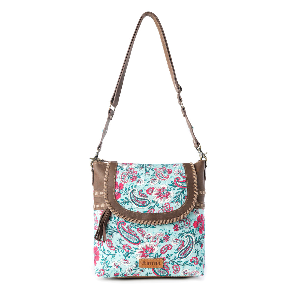 Lagoon Lily upcycled canvas Bag for Women in blue with leather and weaved flap