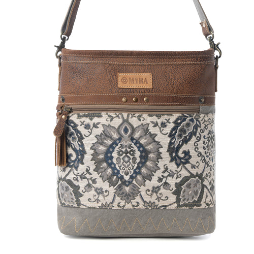 Sagebrook Jacquard upcycled canvas Bag for Women in sage with leather detail
