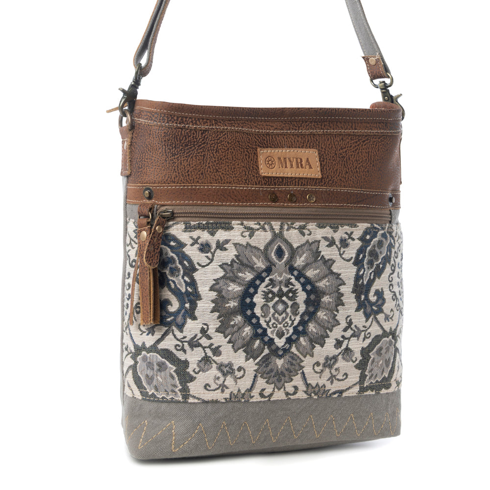 Sagebrook Jacquard upcycled canvas Bag for Women in sage with leather detail
