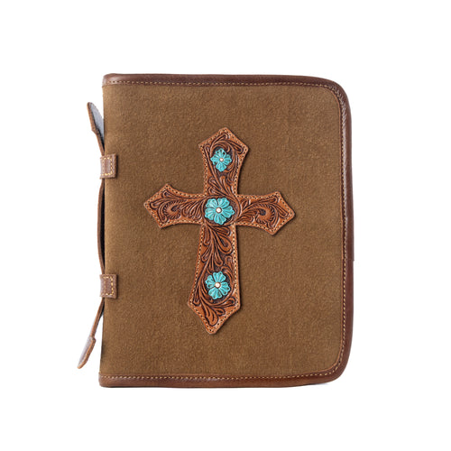 Holycross Western Bible Cover in brown with flap closure and handtooled detail