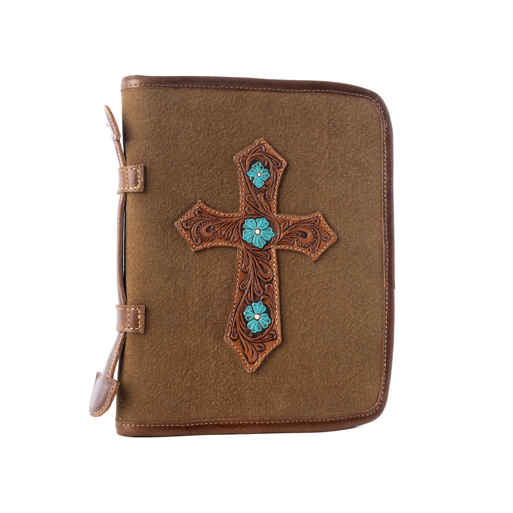Holycross Western Bible Cover in brown with flap closure and handtooled detail