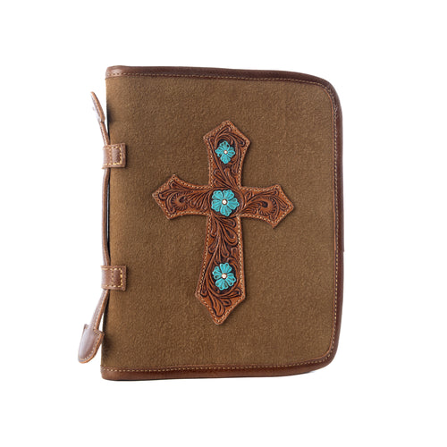 Holycross Western Bible Cover in brown with flap closure and handtooled detail