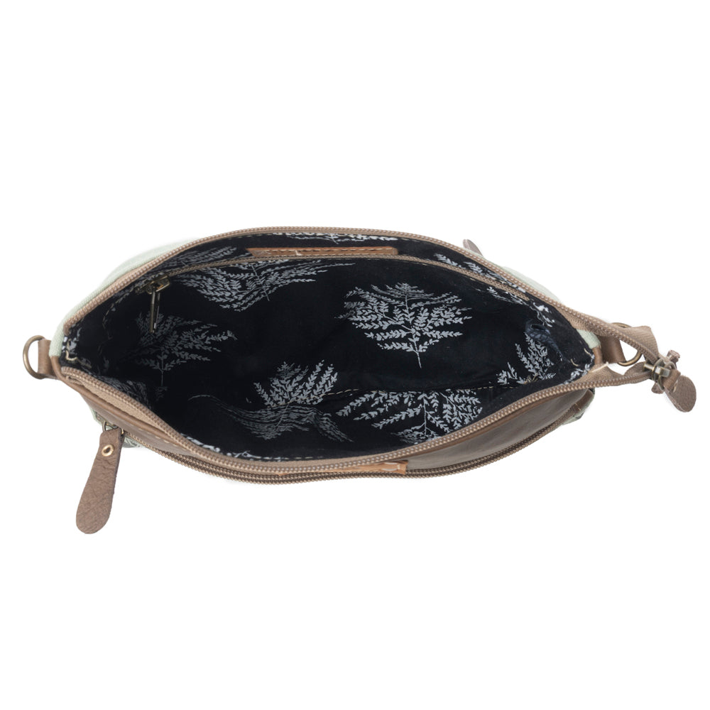 Wildprint Trail upcycled canvas crossbody Bag for Women in sage with floral detail