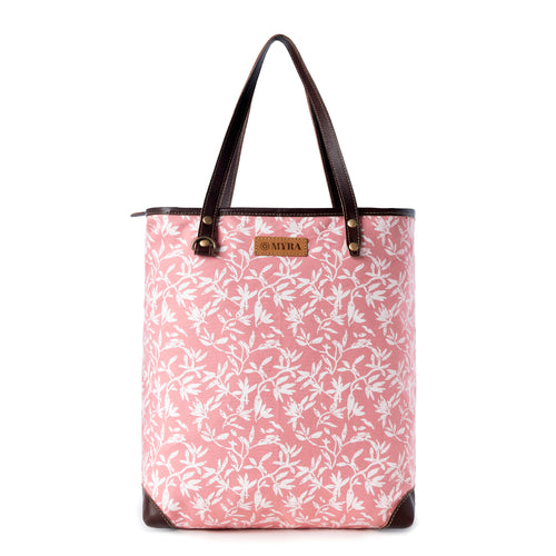 Rose Vine Vintage Tote Bag for Women in pink with leather detail