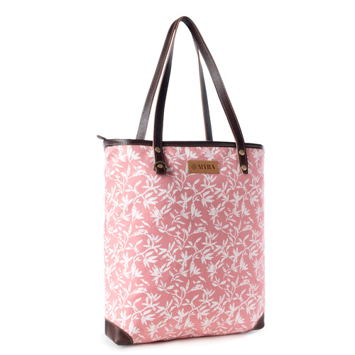 Rose Vine Vintage Tote Bag for Women in pink with leather detail