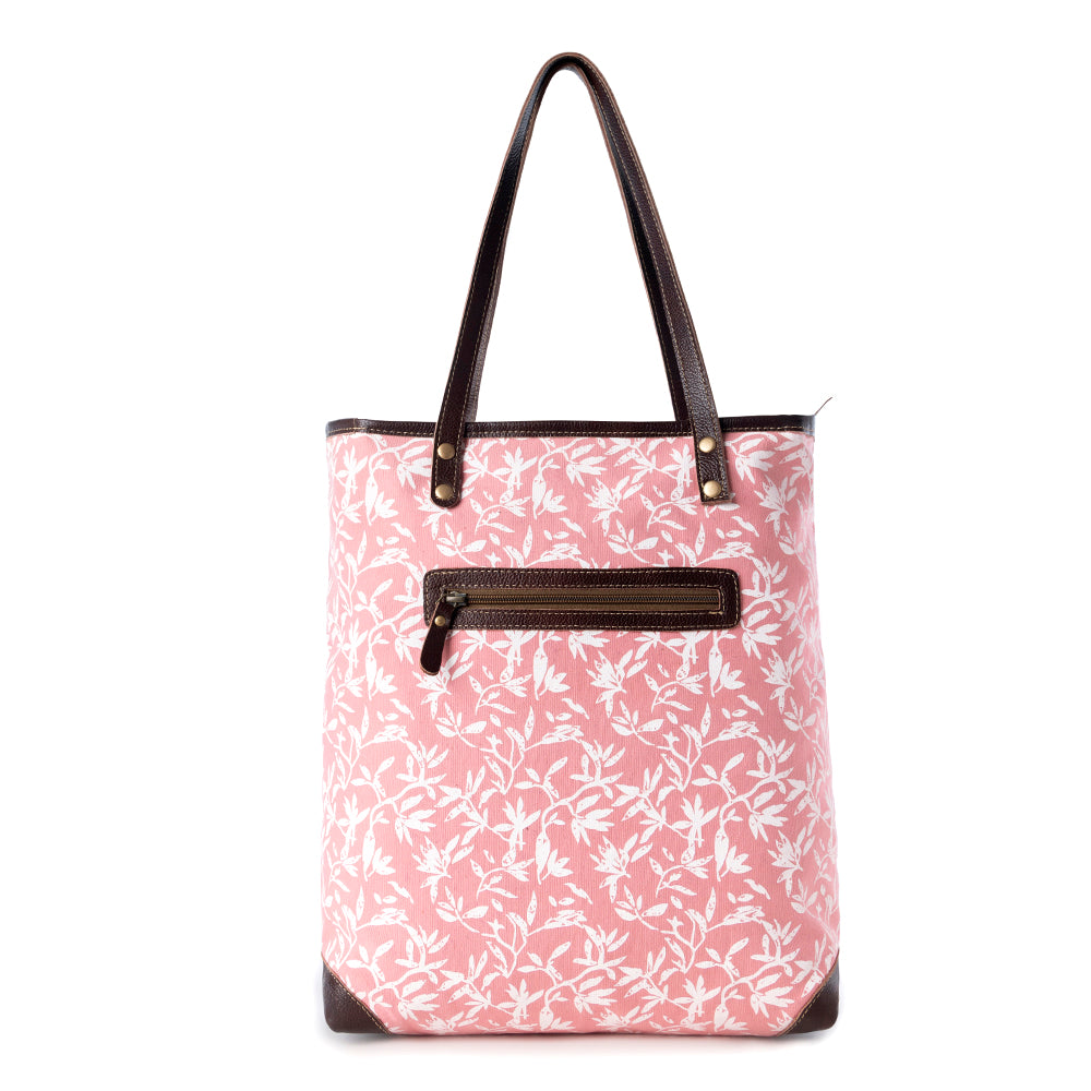 Rose Vine Vintage Tote Bag for Women in pink with leather detail