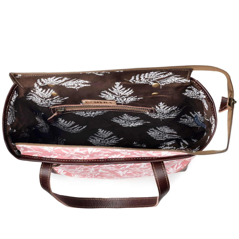 Rose Vine Vintage Tote Bag for Women in pink with leather detail