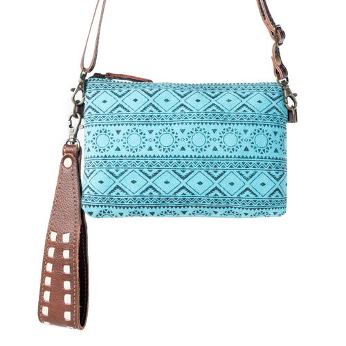 Aztec Sky Cotton Belt Bag for Women in turquoise with leather detail