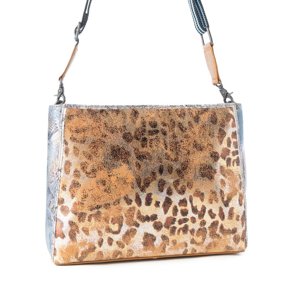 Safari Glow Leather Bag for Women in Brown with metallic detail and shoulder strap