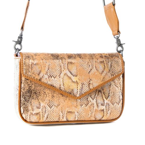 Wild Print Leather Bag for Women in Golden with snake print detail and shoulder strap