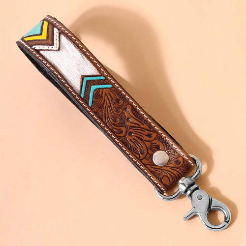 Soaring Bloom Handtooled Leather Keyfob in desert turquoise