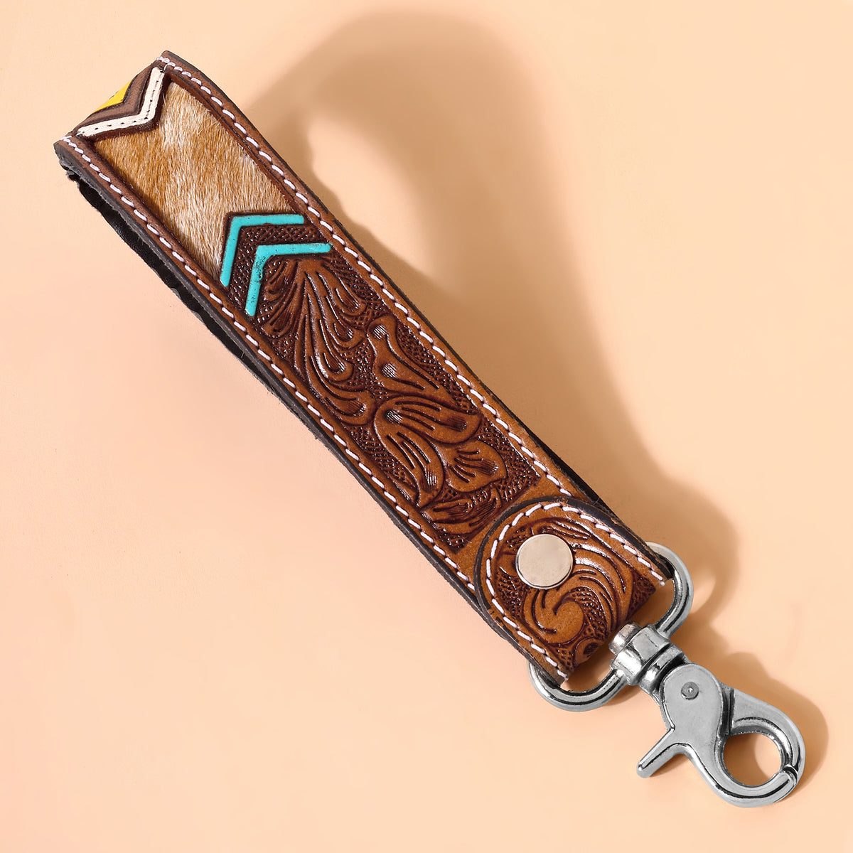 Soaring Bloom Handtooled Leather Keyfob in desert turquoise