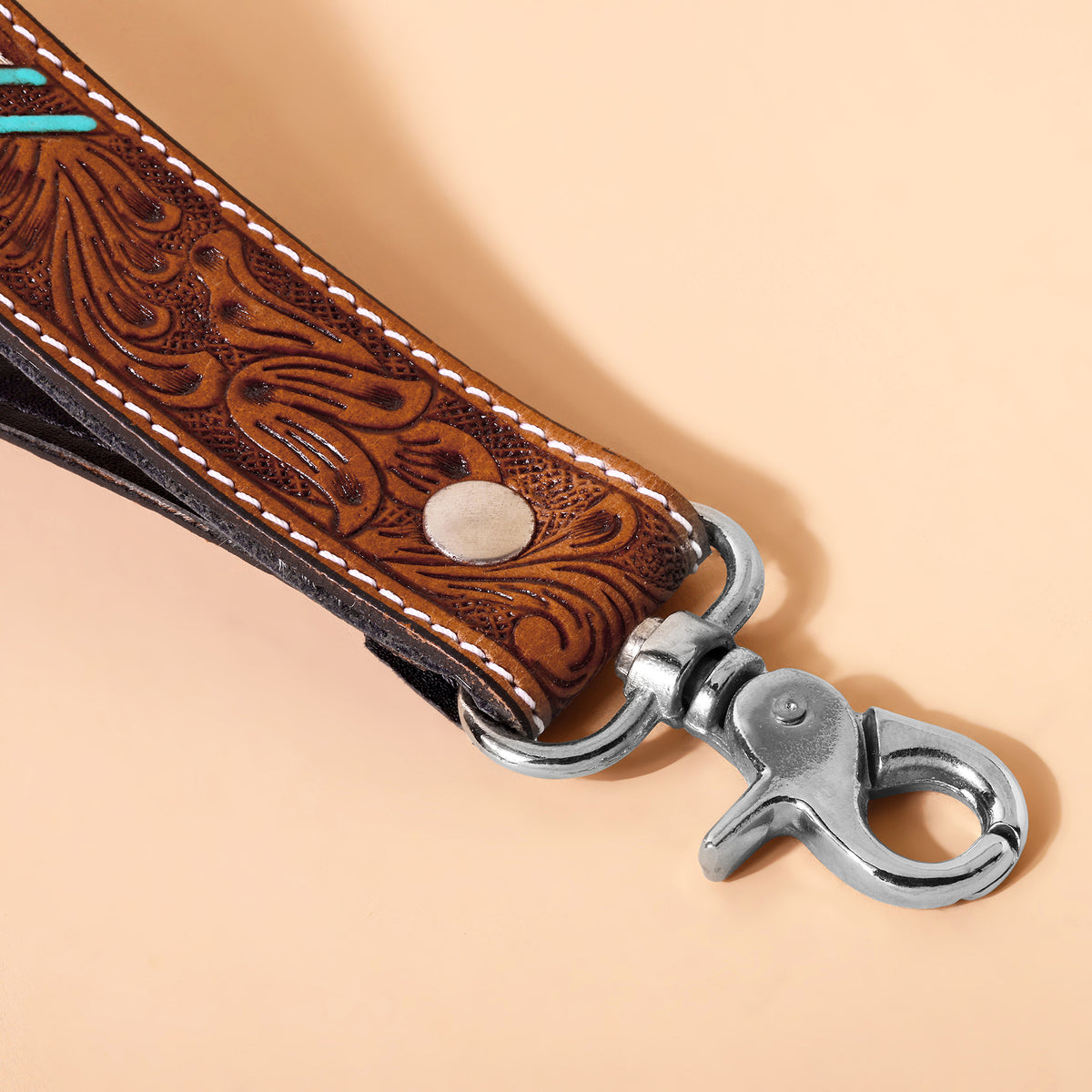 Soaring Bloom Handtooled Leather Keyfob in desert turquoise