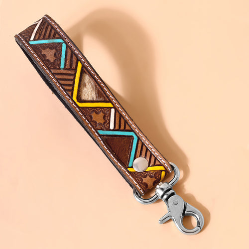 Soaring Bloom Handtooled Leather Keyfob in saddle tan