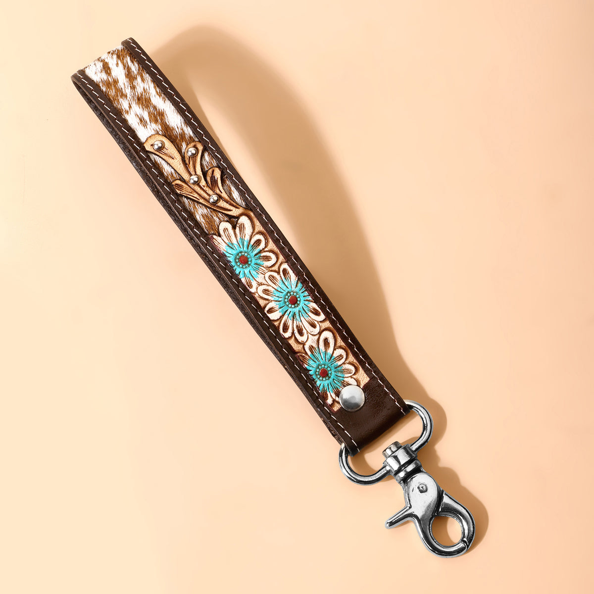 Wildhue Western Key Fob in tan with handtooled floral detail
