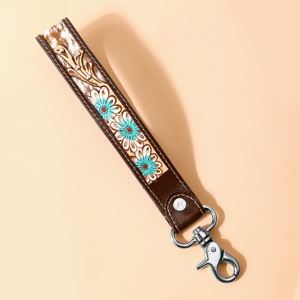 Wildhue Western Key Fob in tan with handtooled floral detail