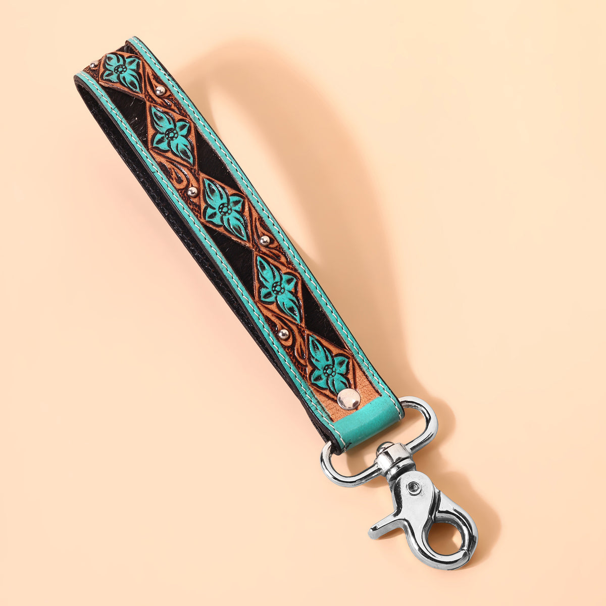Wildhue Western Key Fob in turquoise with handtooled floral detail