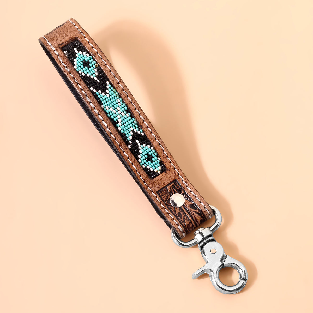 Tobosa Key Fob in aqua with beaded Aztec panel