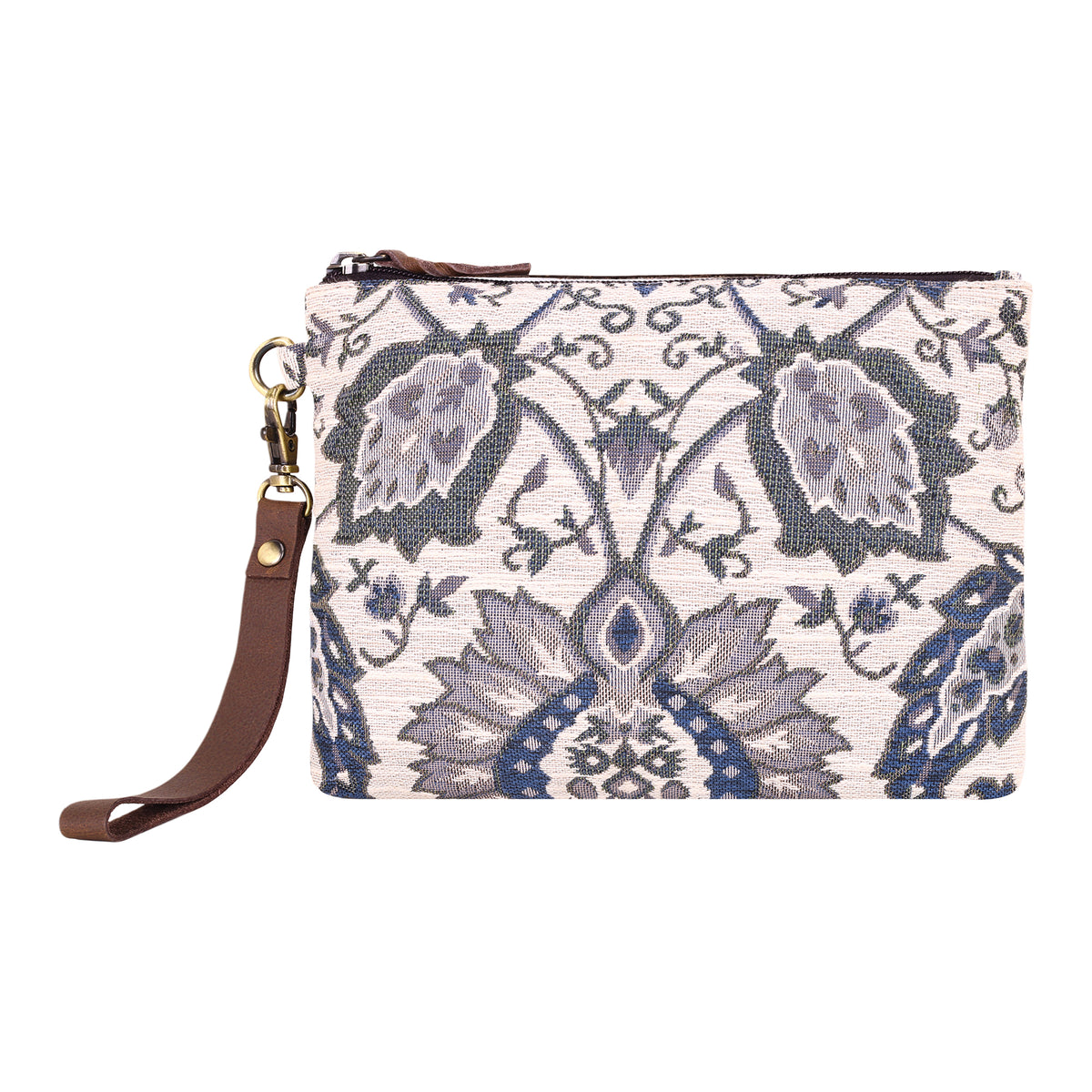 Cinderbluff Wristlet for Women in jacquard with leather strap, olive floral