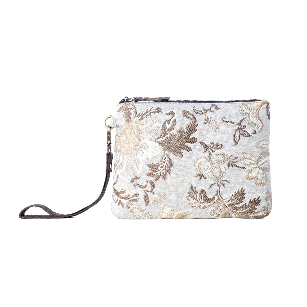 Cinderbluff Wristlet for Women in jacquard with leather strap, sage floral