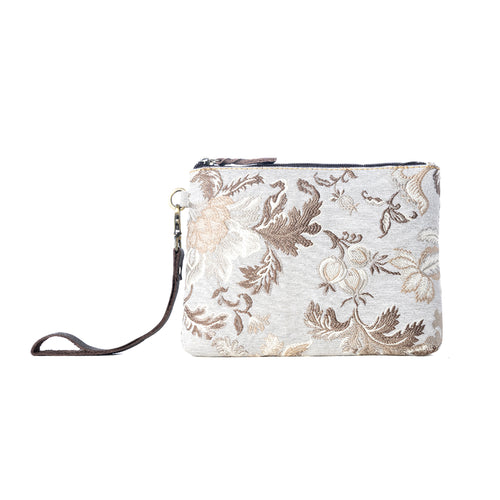 Cinderbluff Wristlet for Women in jacquard with leather strap, sage floral