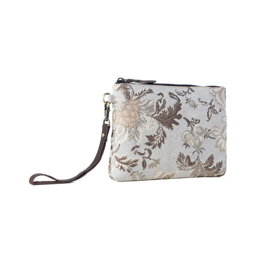 Cinderbluff Wristlet for Women in jacquard with leather strap, sage floral