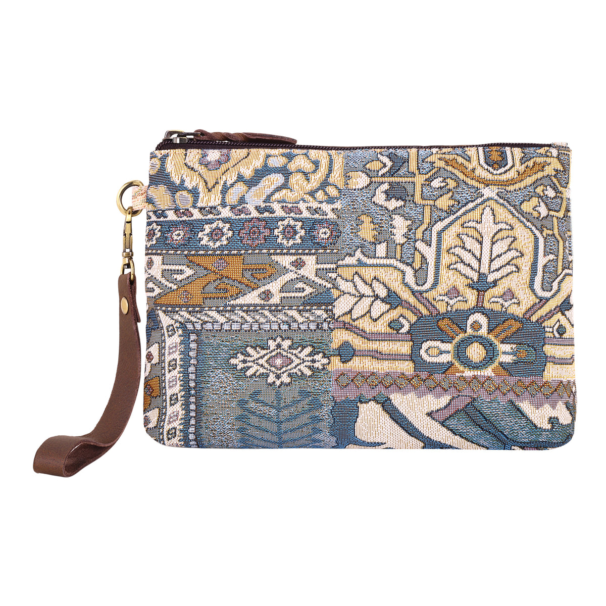 Cinderbluff Wristlet for Women in jacquard with leather strap, blue tapestry