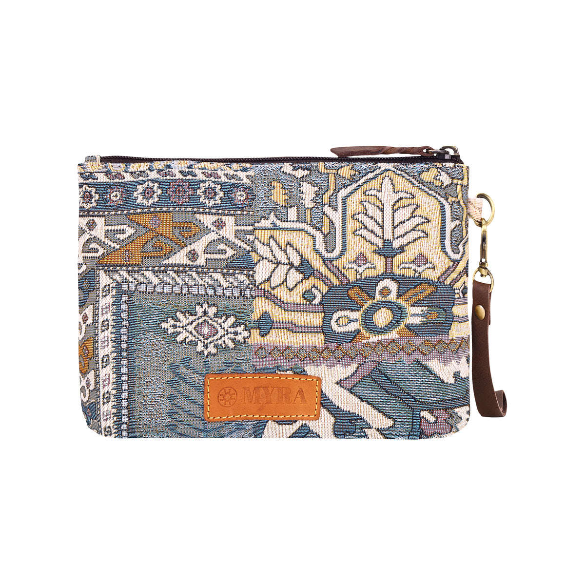 Cinderbluff Wristlet for Women in jacquard with leather strap, blue tapestry