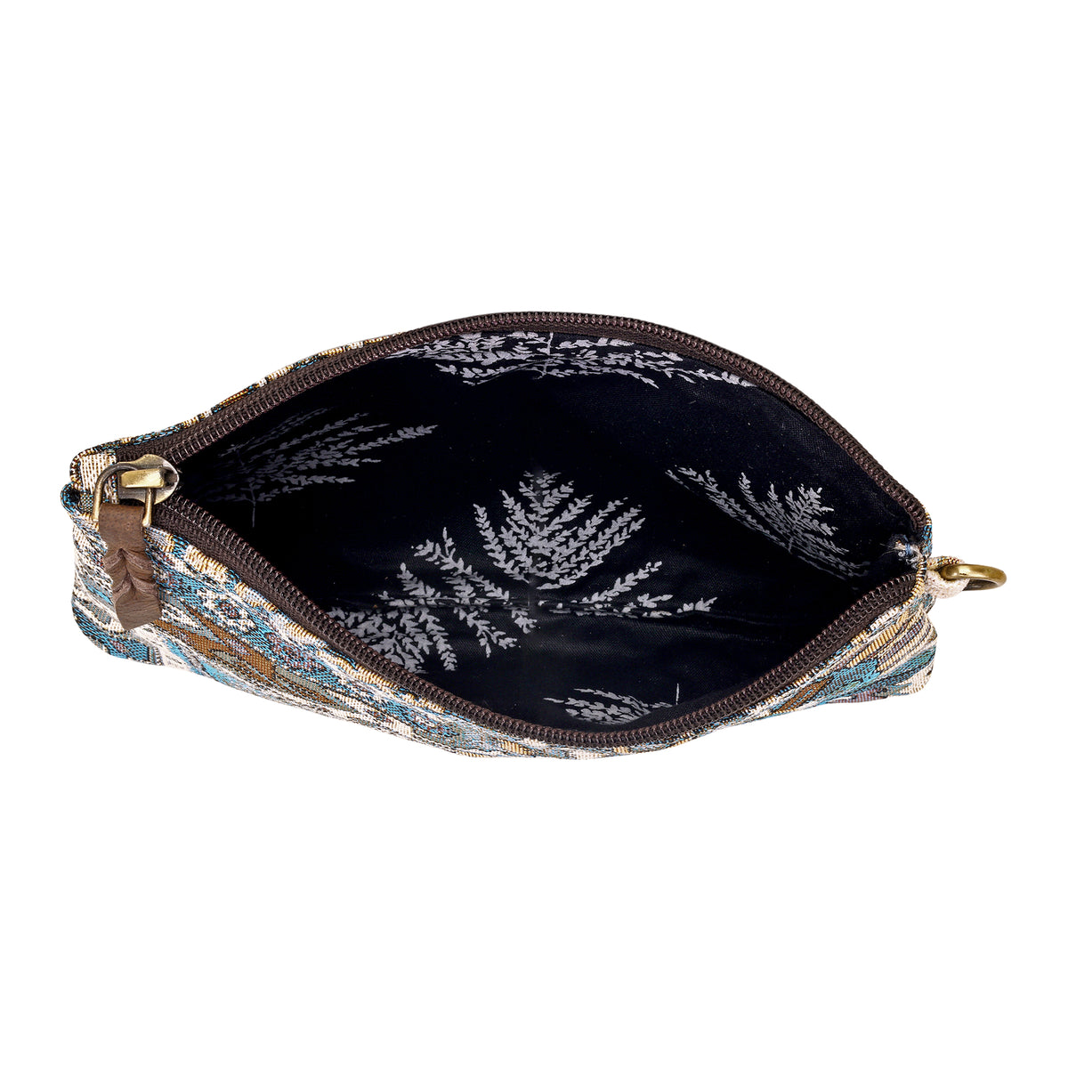 Cinderbluff Wristlet for Women in jacquard with leather strap, blue tapestry