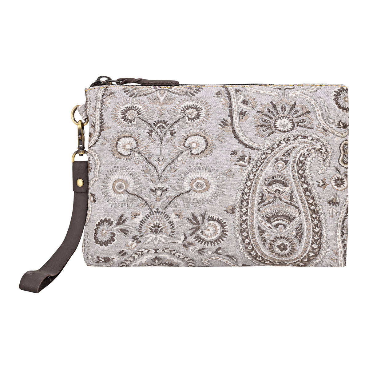 Cinderbluff Wristlet for Women in jacquard with leather strap, ivory paisley