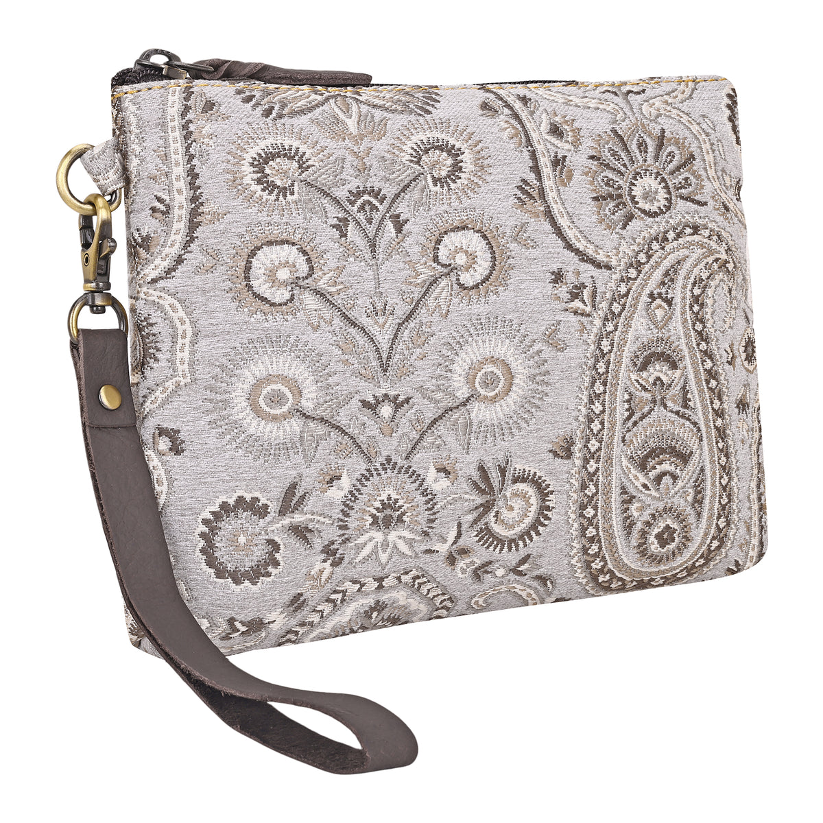 Cinderbluff Wristlet for Women in jacquard with leather strap, ivory paisley