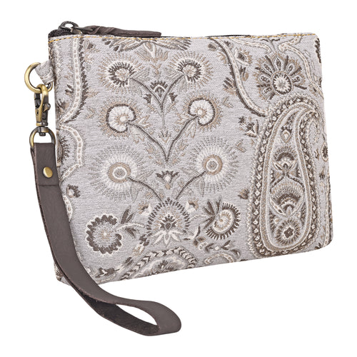 Cinderbluff Wristlet for Women in jacquard with leather strap, ivory paisley