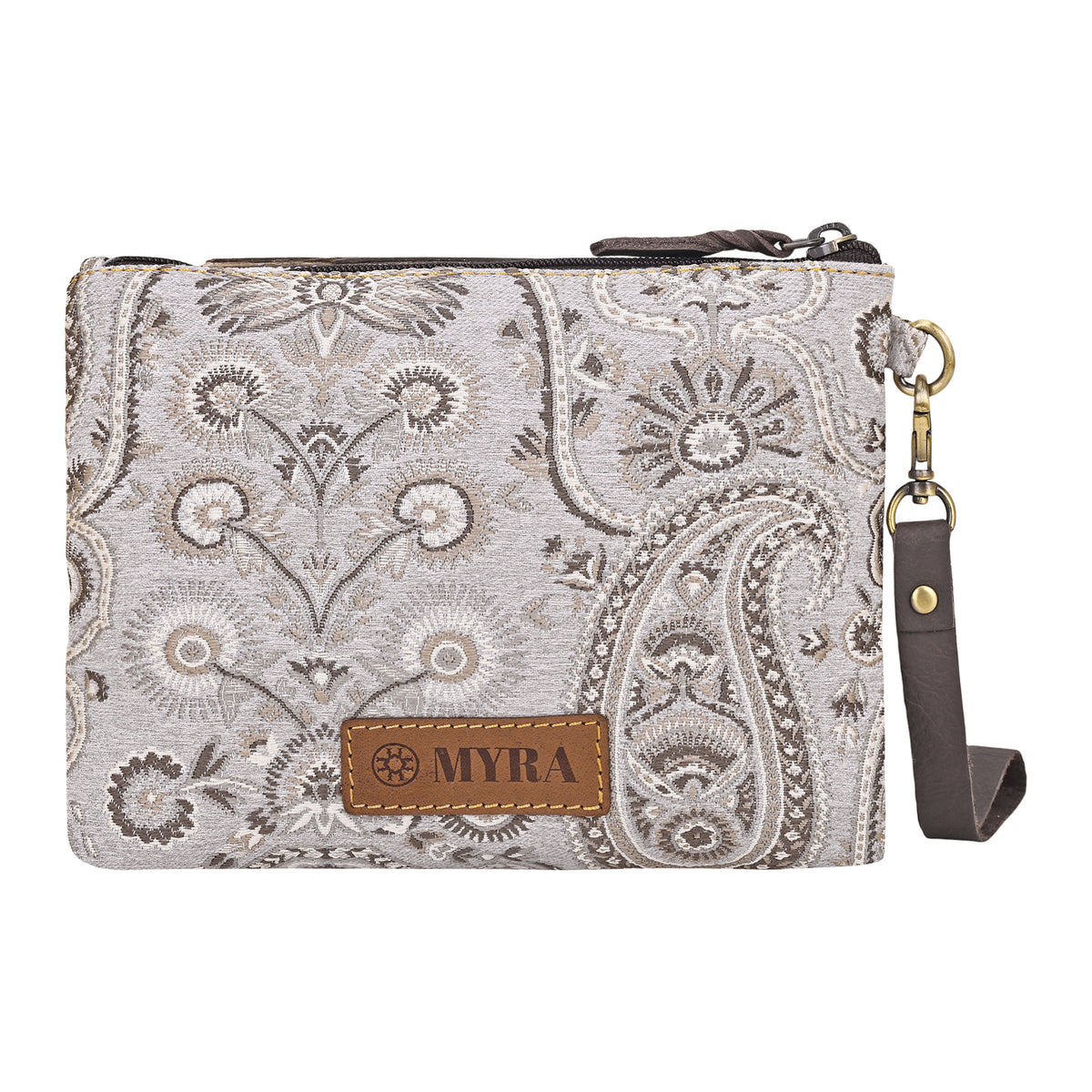 Cinderbluff Wristlet for Women in jacquard with leather strap, ivory paisley