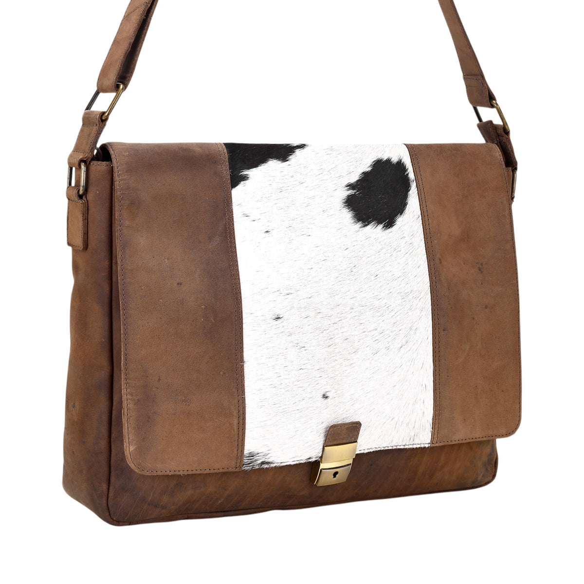 Nightherd Laptop Bag in brown with hair on and turn lock