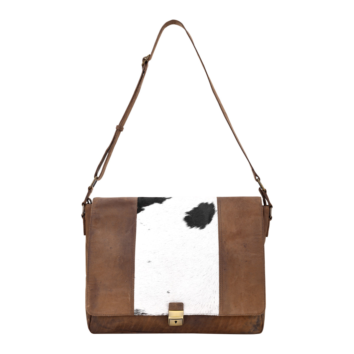 Nightherd Laptop Bag in brown with hair on and turn lock