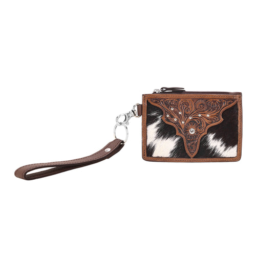 Hand Hewn Card Holder for Women in brown with hair on and hand tooled detail