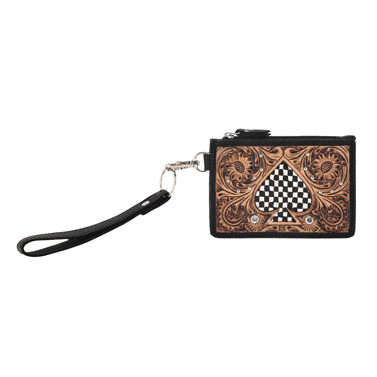Hand Hewn Card Holder for Women in black with hand tooled spade