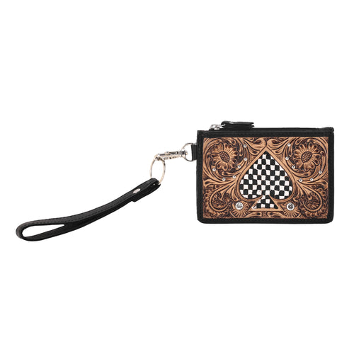 Hand Hewn Card Holder for Women in black with hand tooled spade