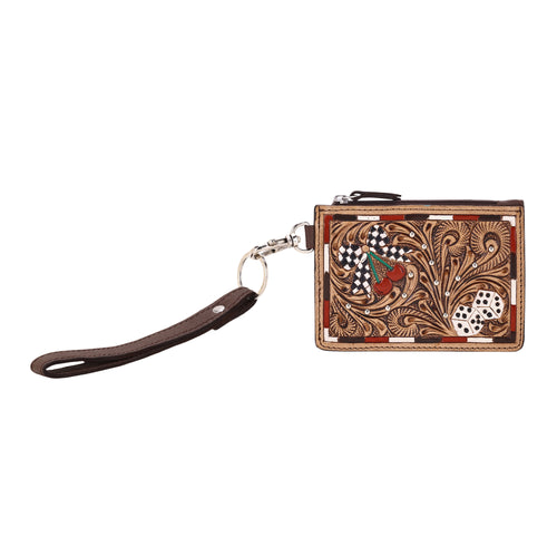 Hand Hewn Card Holder for Women in tan with hand tooled dice and cherries