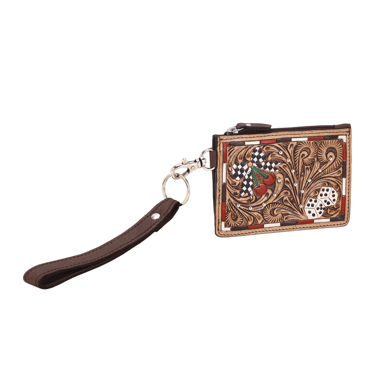 Hand Hewn Card Holder for Women in tan with hand tooled dice and cherries