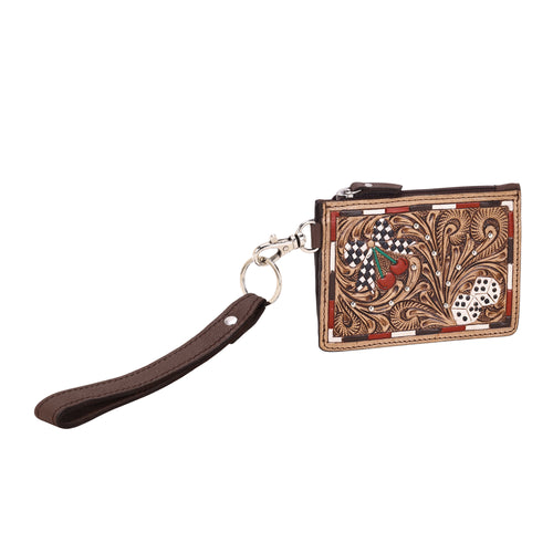 Hand Hewn Card Holder for Women in tan with hand tooled dice and cherries