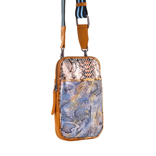 Dryvale Cell Phone Holder for Women in blue with metallic leather and webbing strap
